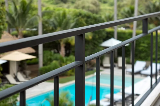 Freshly powder coated black metal railing at a Bali pool villa