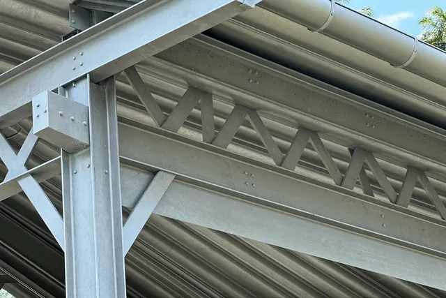 Steel roof structure of a Bali building treated with protective coating